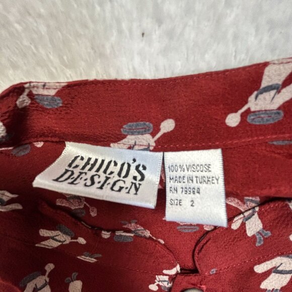 Chico's Design Womens Red Printed Long Sleeve Button-Up Blouse 2 Mandarin Collar - Picture 3 of 7